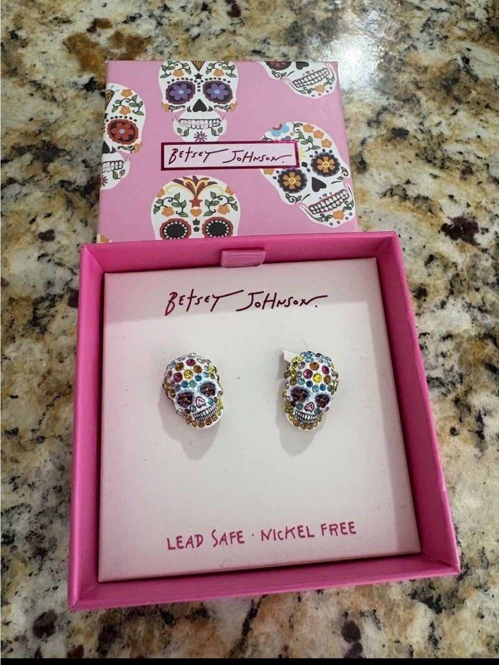 Betsey Johnson Pink Multicolor Crystal Sugar Skull Stud Earrings Halloween